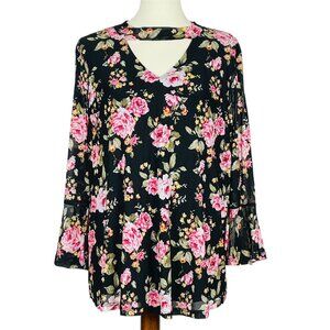 Absolutely Famous Sheer Top Sz XL Trumpet Sleeve Black Floral Whimsigoth Fairy